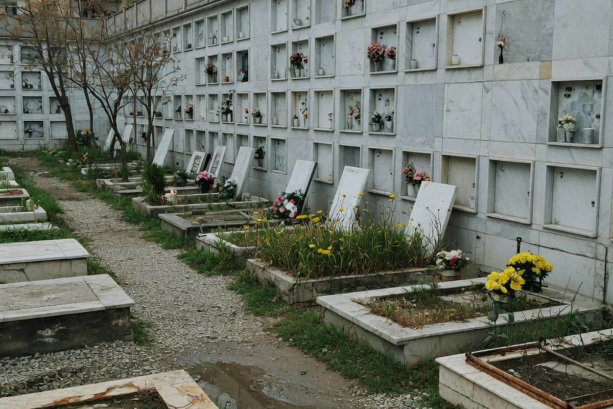 Perete de columbar modern cu nișe de marmură și o lumânare, Sectorul 6, București