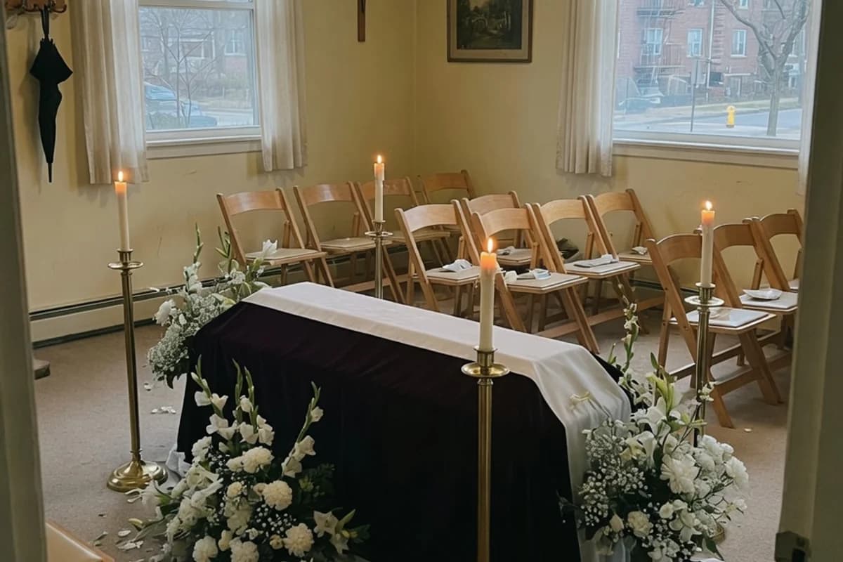 Capelă pregătită pentru ceremonie: catafalc, sfeșnice și flori, Sectorul 6, București