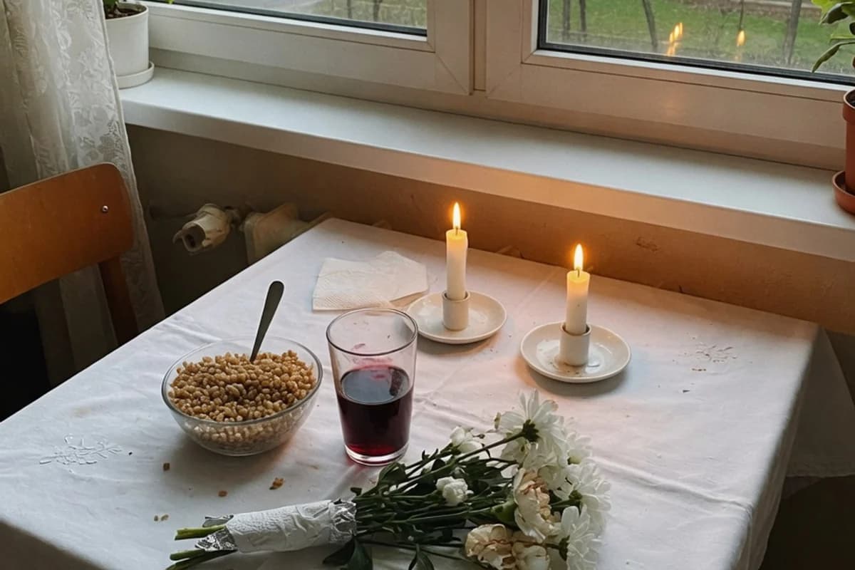 Masă de pomenire cu lumânări, grâu și vin, acasă, Sectorul 6, București