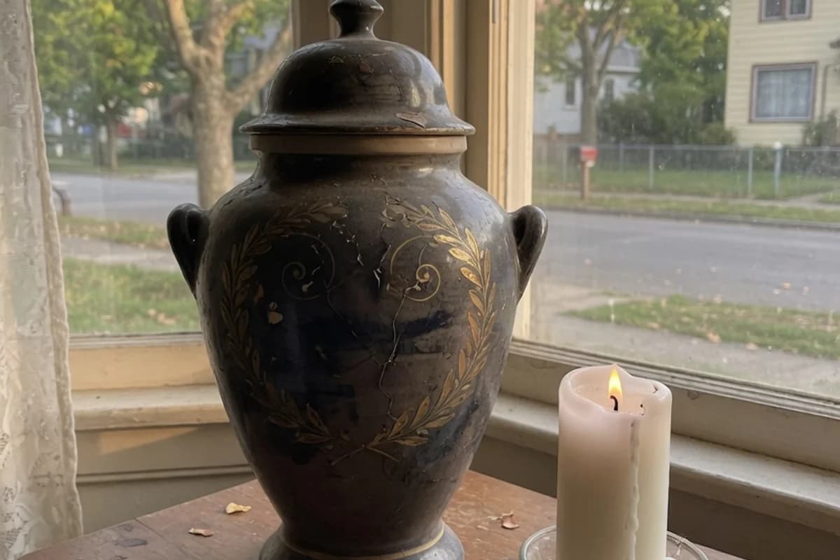 Urnă ceramică decorativă lângă o lumânare albă, Sectorul 6, București