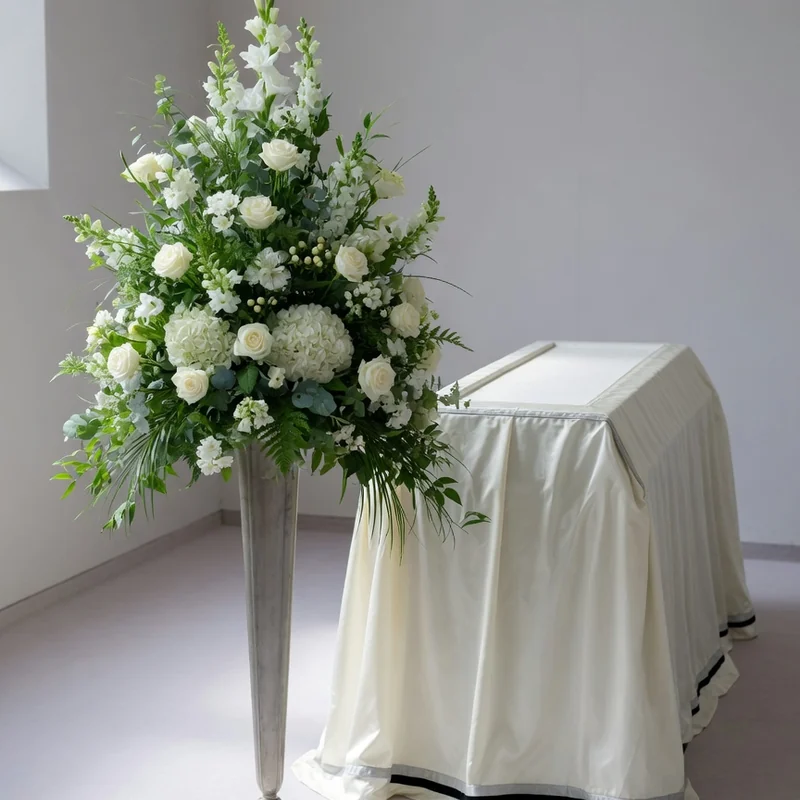 Tall floral arrangement beside a catafalque in a chapel