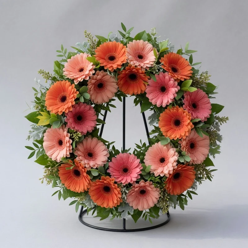 Coroană mică modernă din gerbera, pe stativ
