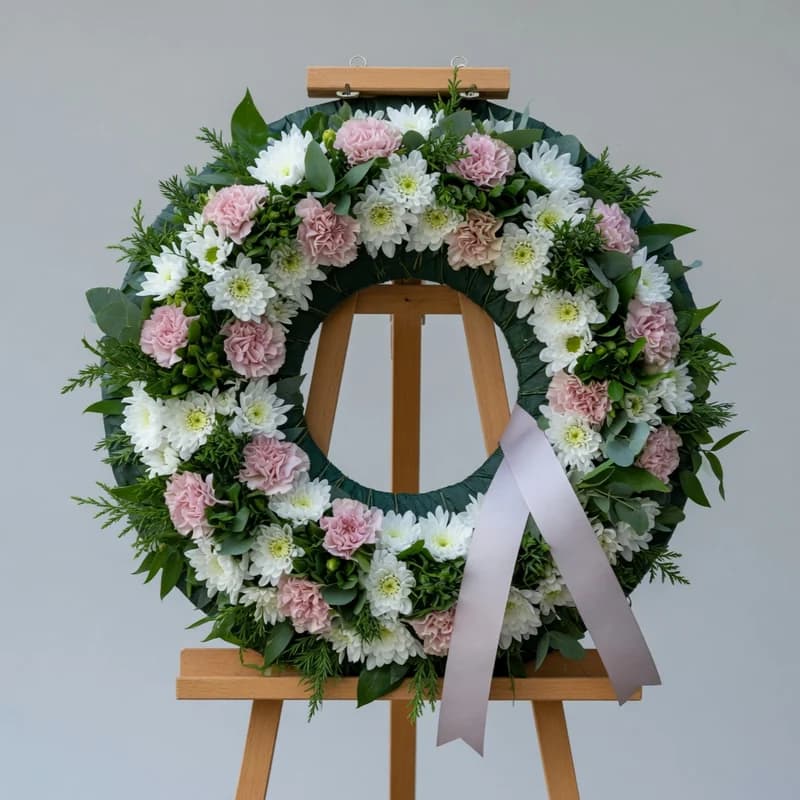 Coroană funerară rotundă din crizanteme albe și garoafe roz pal, pe stativ