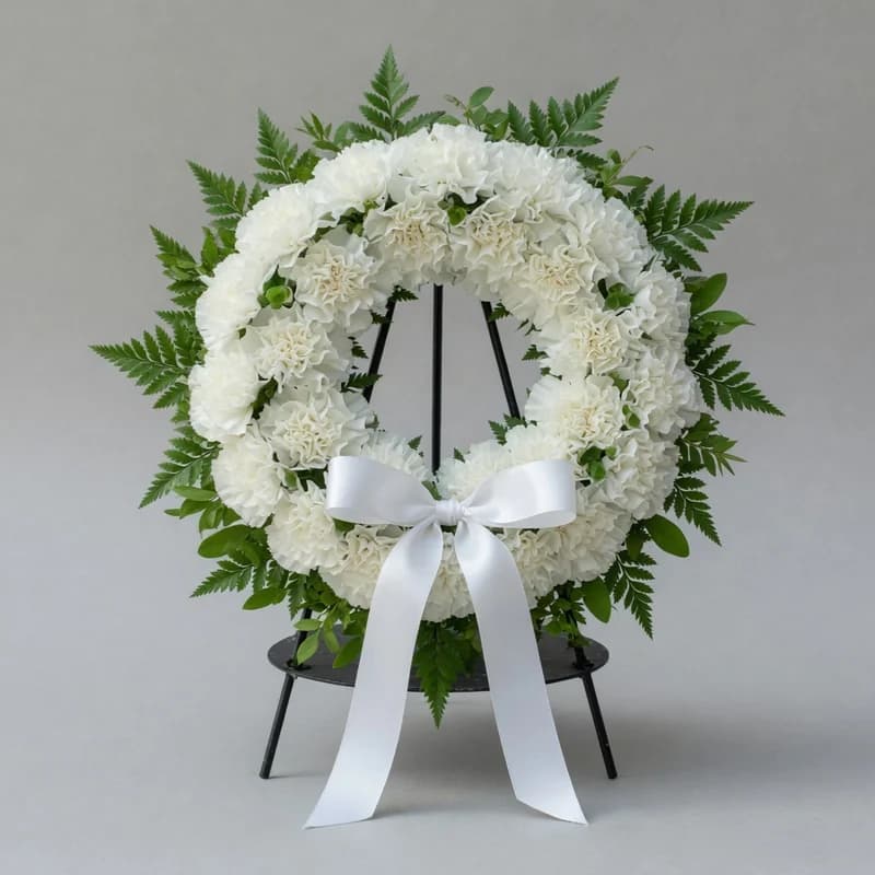 Coroană funerară simplă, mică, din garoafe albe și ferigă, pe stativ modest