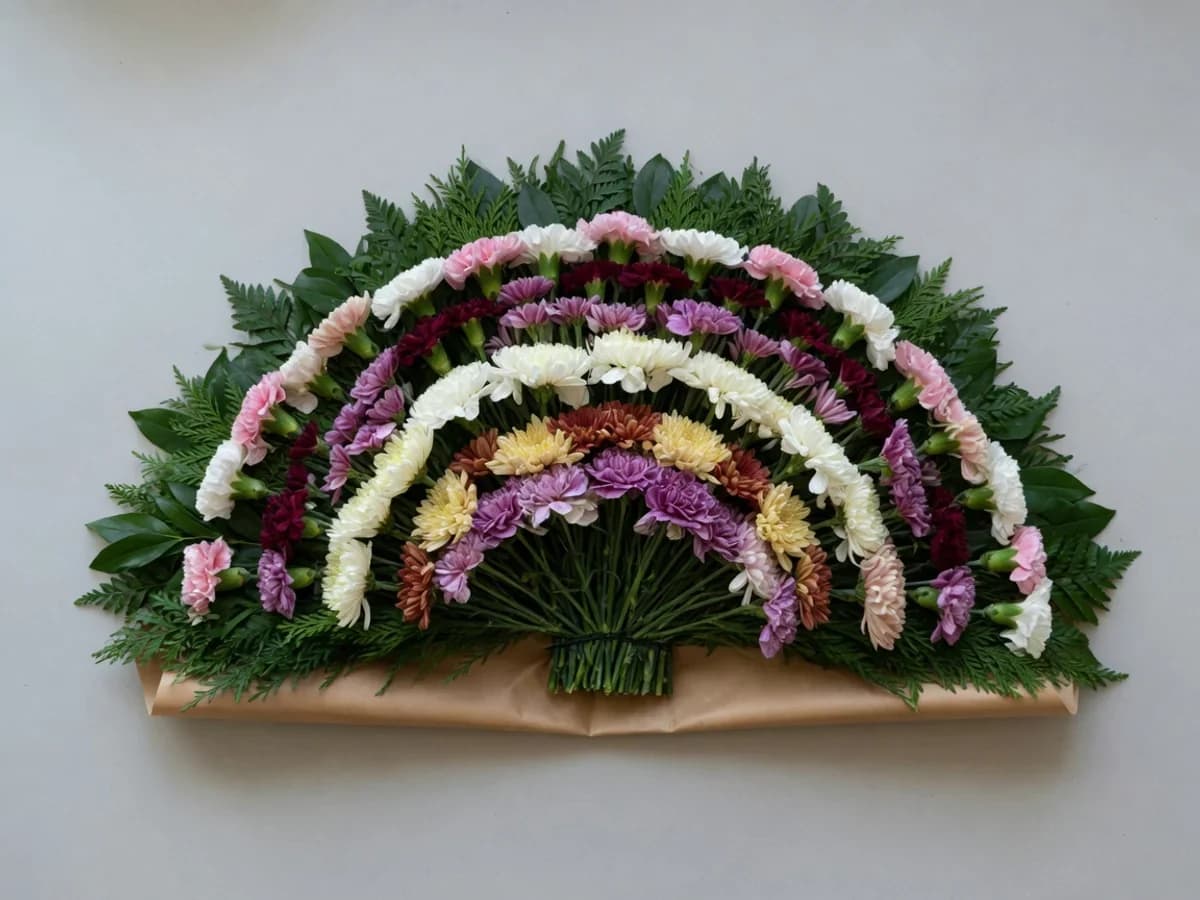 Jerbă funerară semicirculară din garoafe și crizanteme, așezată pe sol
