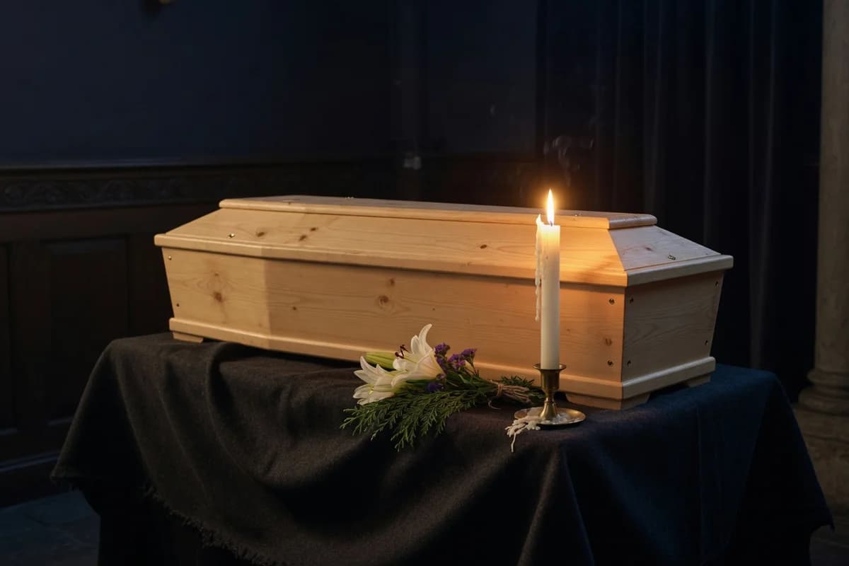 Simple pine casket with a single white candle — the essential package, dignified and accessible
