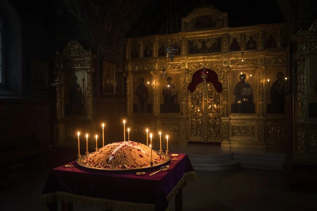 Interior de biserică ortodoxă cu masă mică de pomenire: colivă și lumânări aprinse în fața altarului