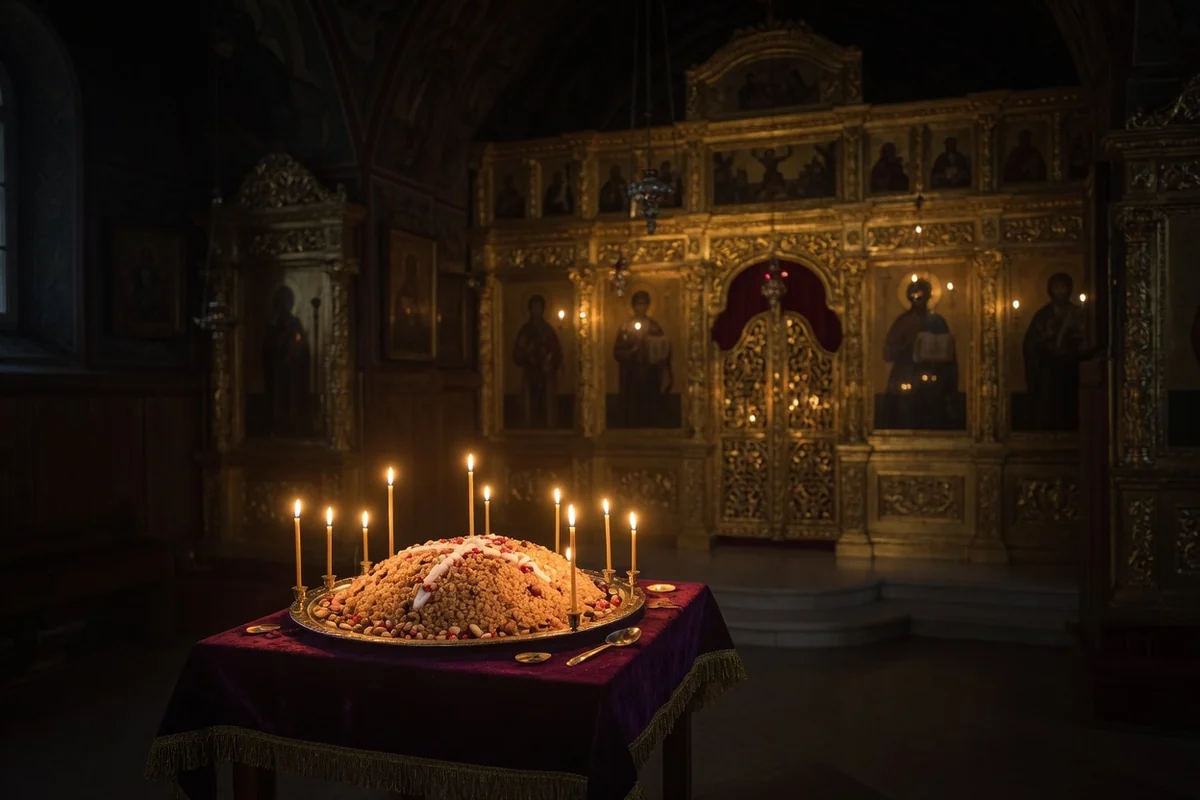 Orthodox church interior with a small memorial table holding koliva and lit candles before the altar