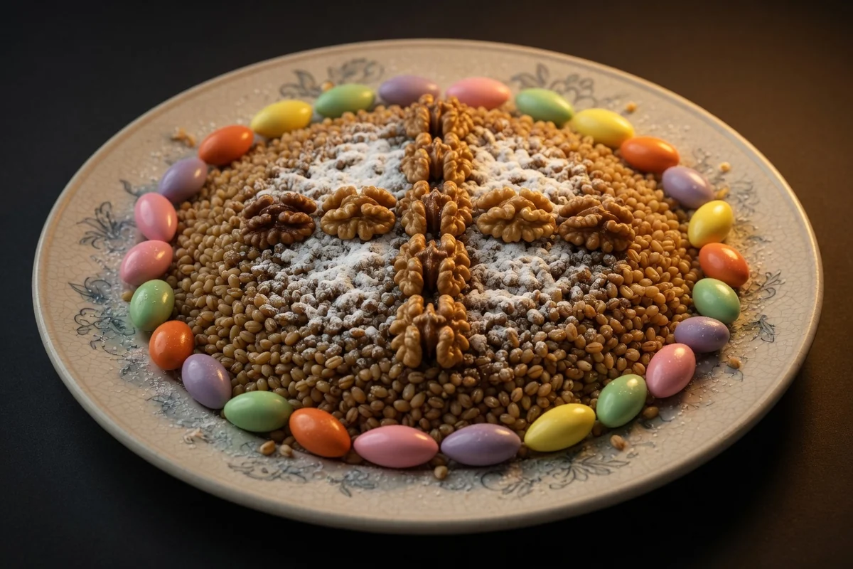 Traditional koliva close-up: boiled wheat with a walnut cross and powdered sugar, coloured sweets around the edge
