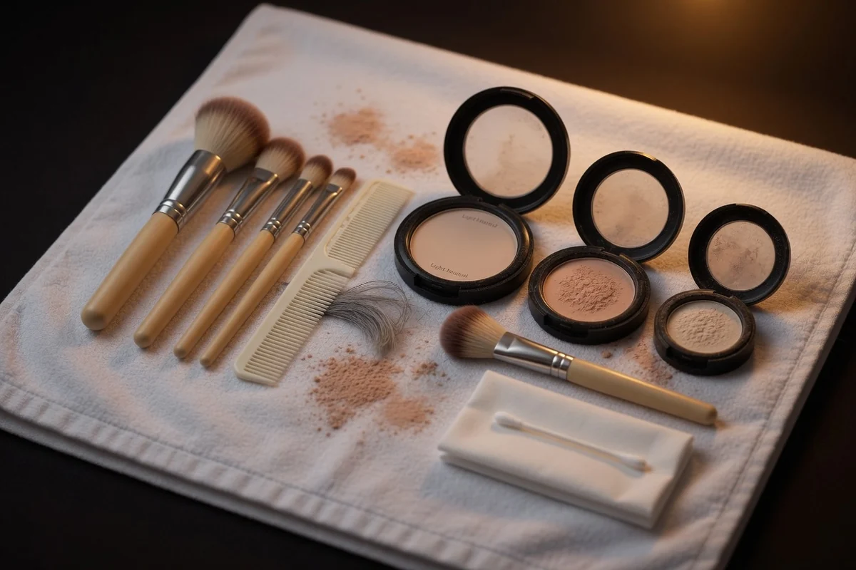 Funeral cosmetics kit: brushes, natural-tone powders, comb arranged on a white towel