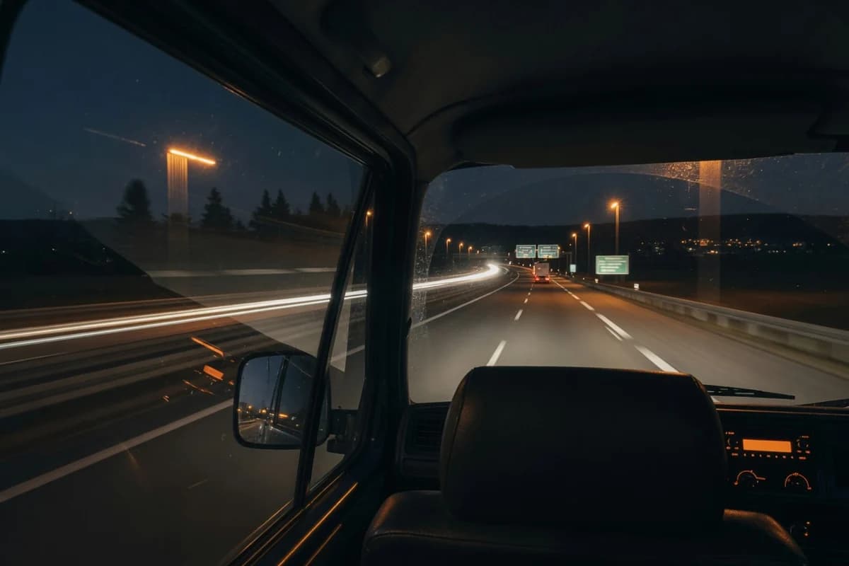 Autostradă pe timp de noapte prin centrul Europei — drumul Franța–România