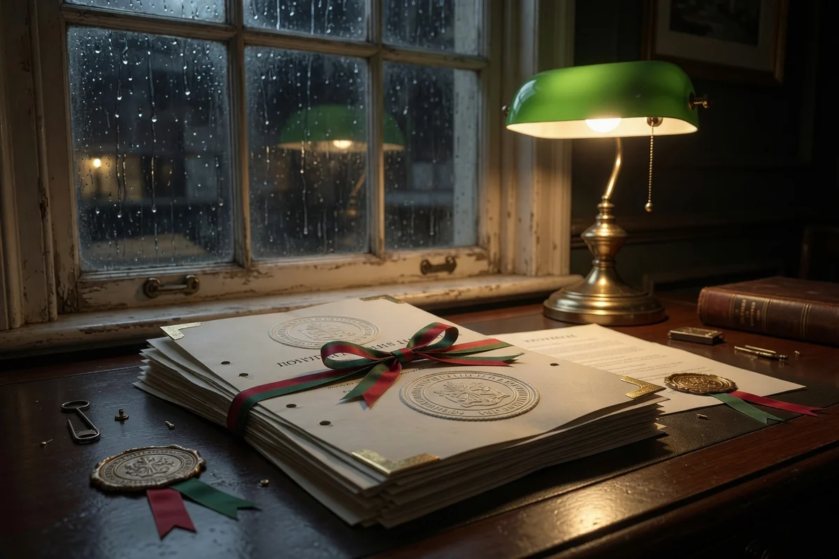 Apostilled documents for repatriation from the UK on a desk by a rainy window
