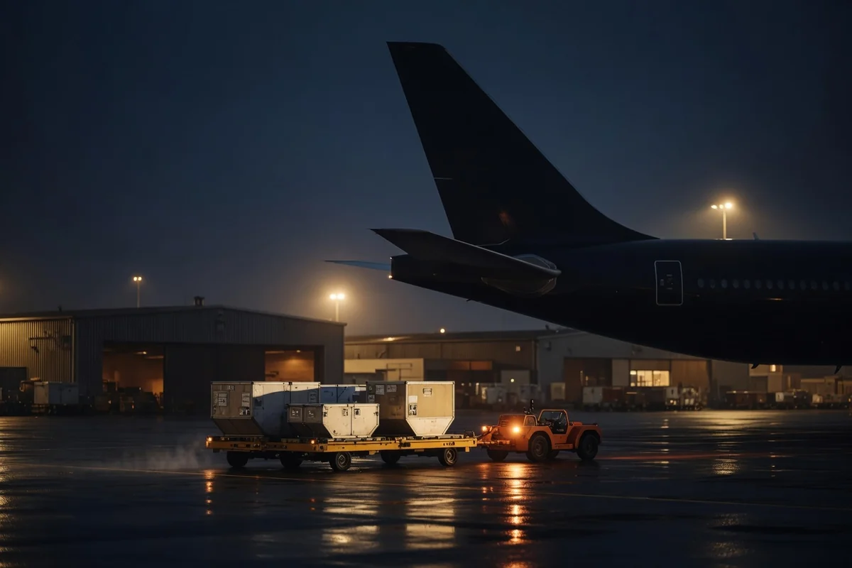 Airport cargo facility at night — air transport from the United Kingdom