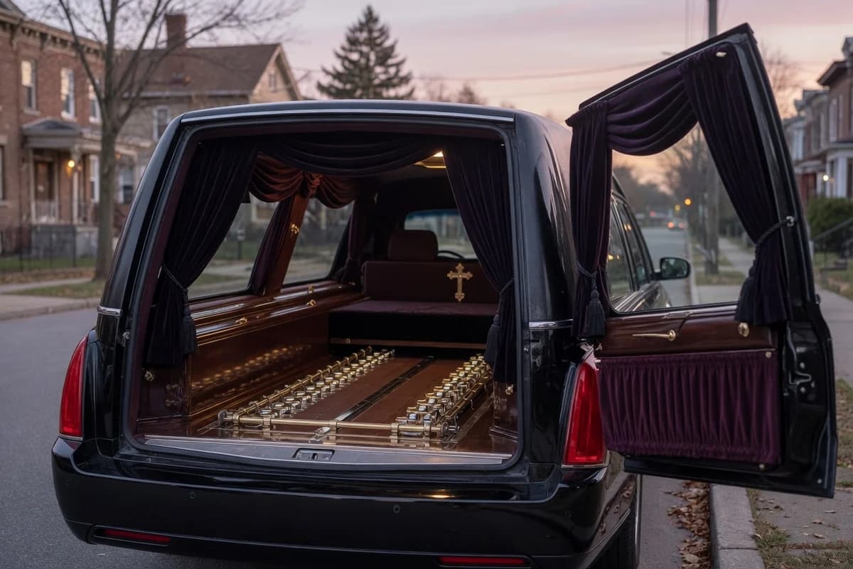Dric funerar cu ușa din spate deschisă, interior amenajat