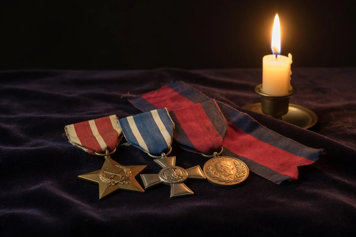 A veteran's medals on velvet — the honor owed on the final journey